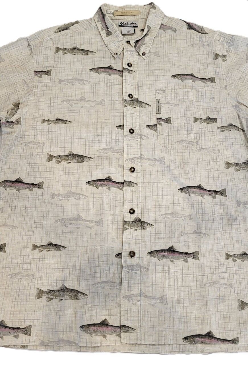 Columbia River Lodge Mens XL Trout Fish Print Fishing Shirt 100% Cotton